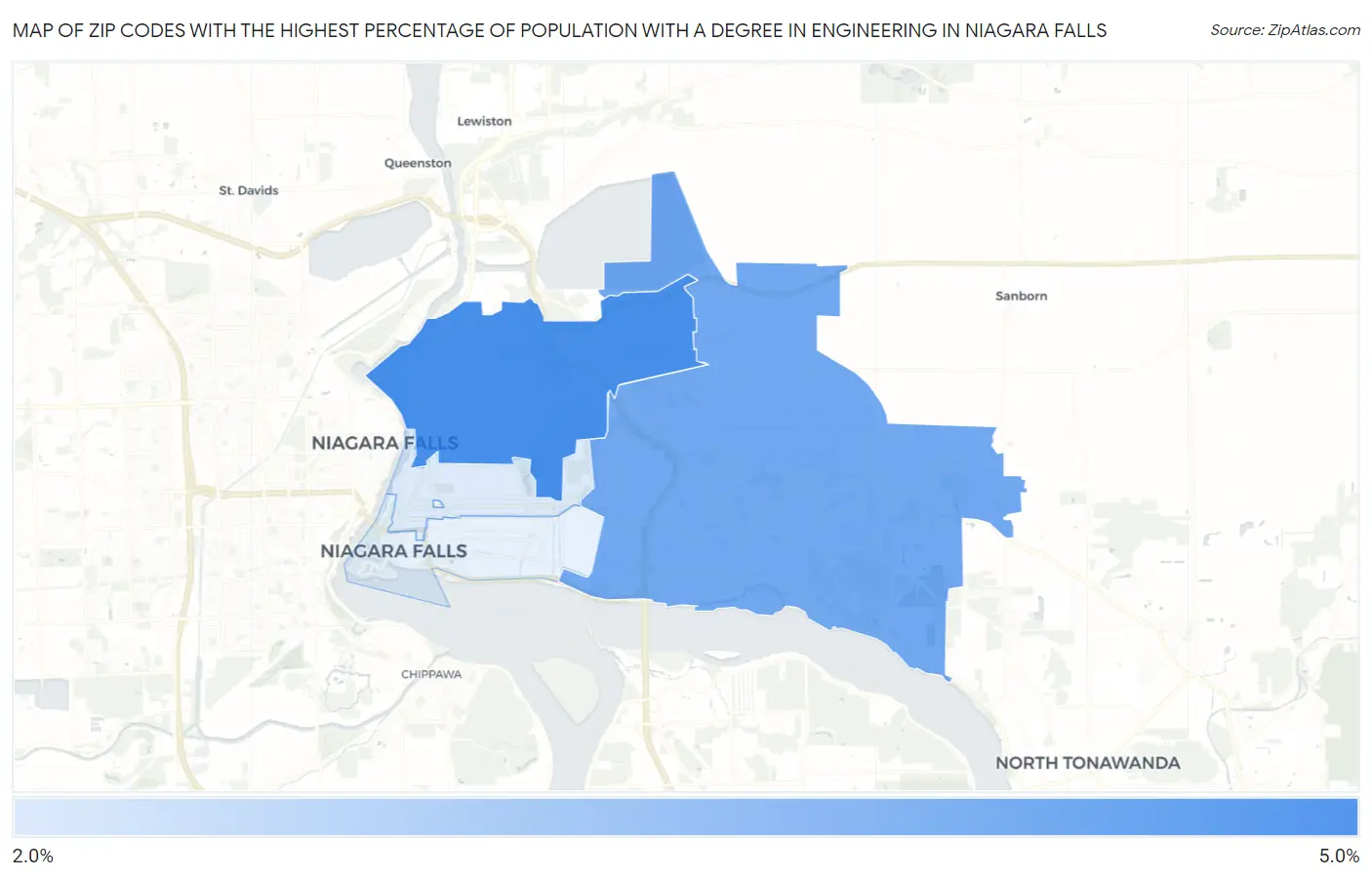 Zip Codes with the Highest Percentage of Population with a Degree in Engineering in Niagara Falls Map