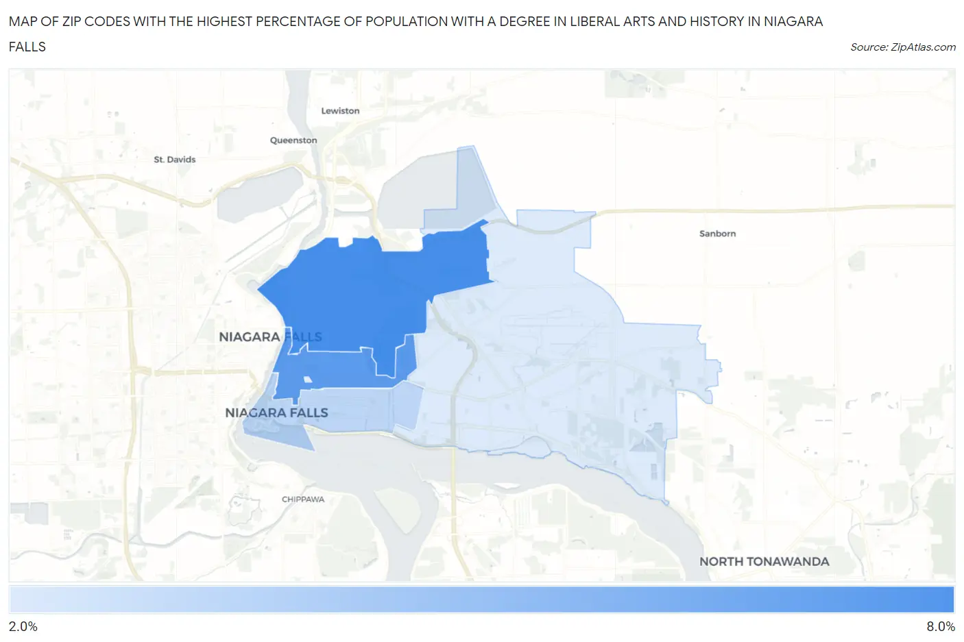 Zip Codes with the Highest Percentage of Population with a Degree in Liberal Arts and History in Niagara Falls Map
