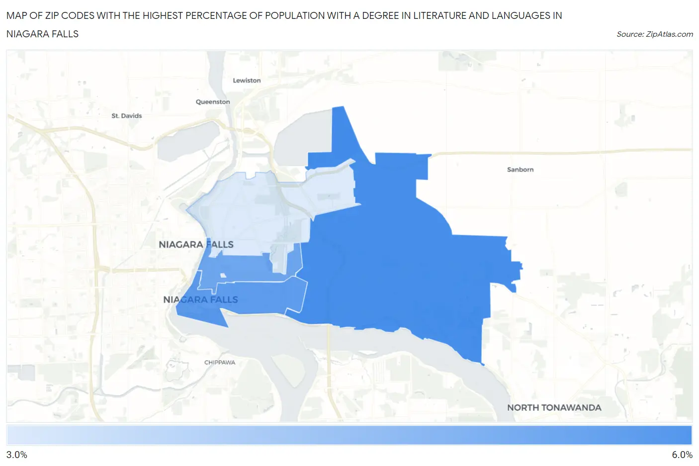 Zip Codes with the Highest Percentage of Population with a Degree in Literature and Languages in Niagara Falls Map