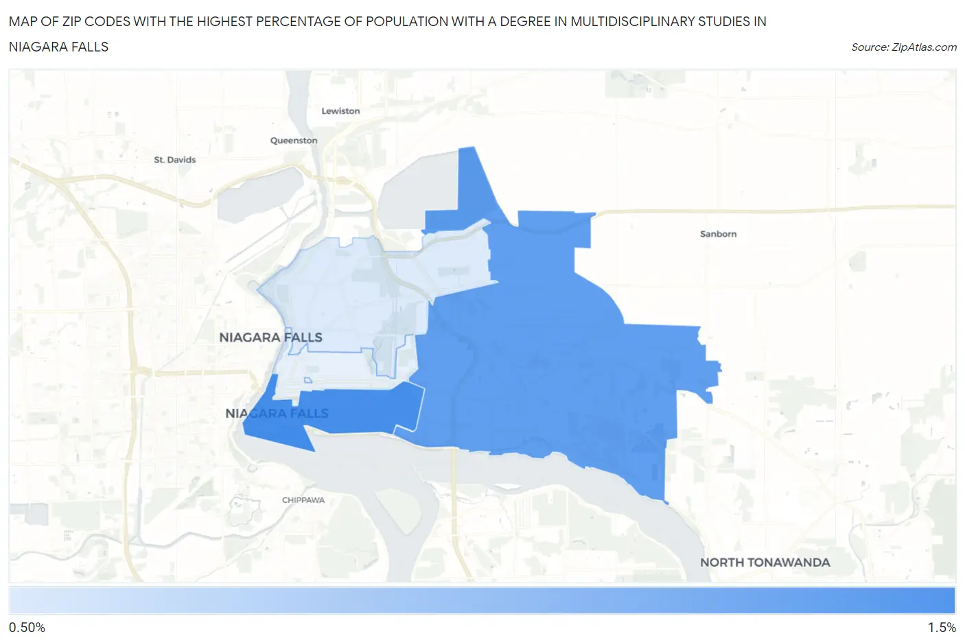 Zip Codes with the Highest Percentage of Population with a Degree in Multidisciplinary Studies in Niagara Falls Map