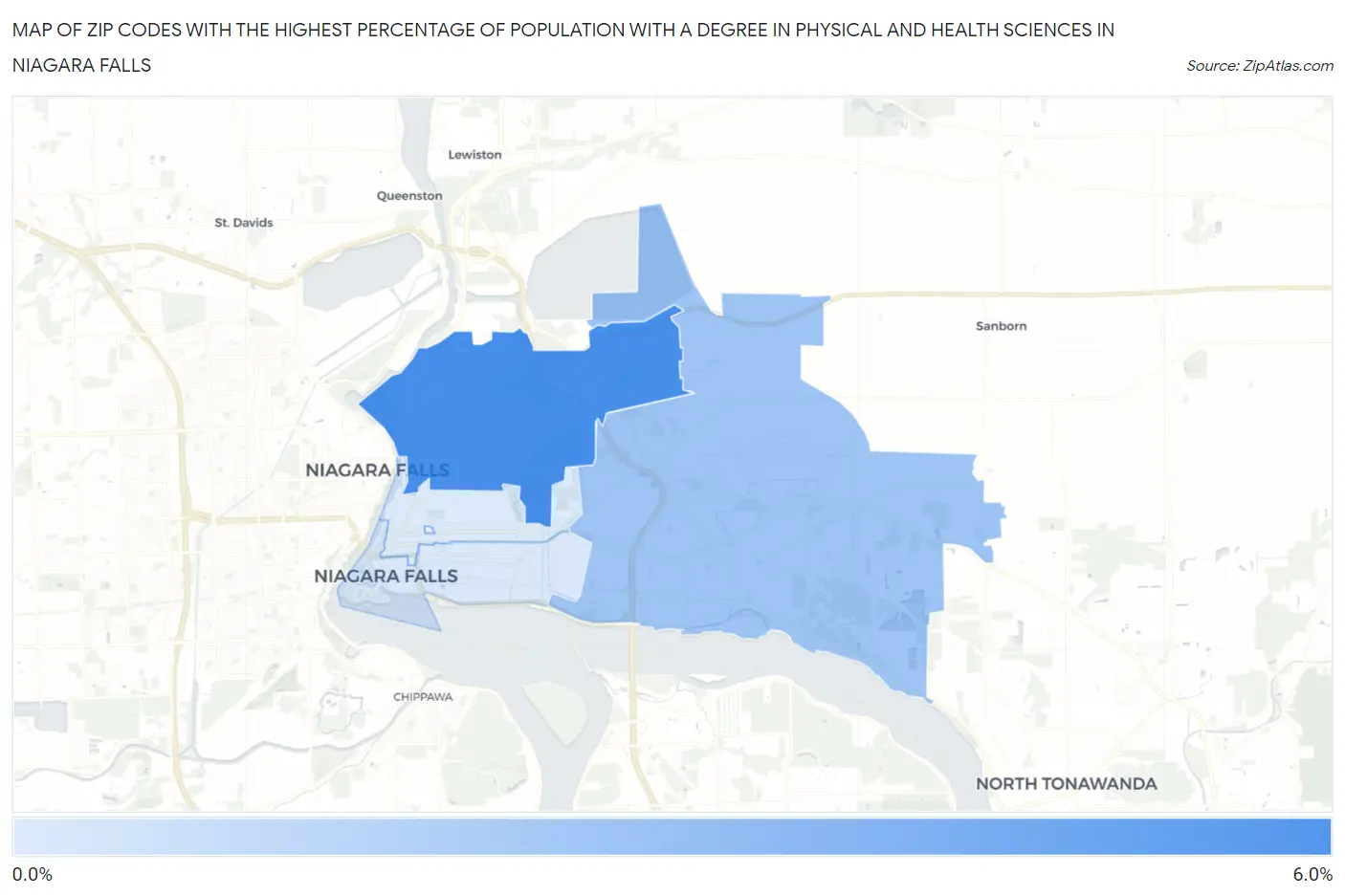Zip Codes with the Highest Percentage of Population with a Degree in Physical and Health Sciences in Niagara Falls Map