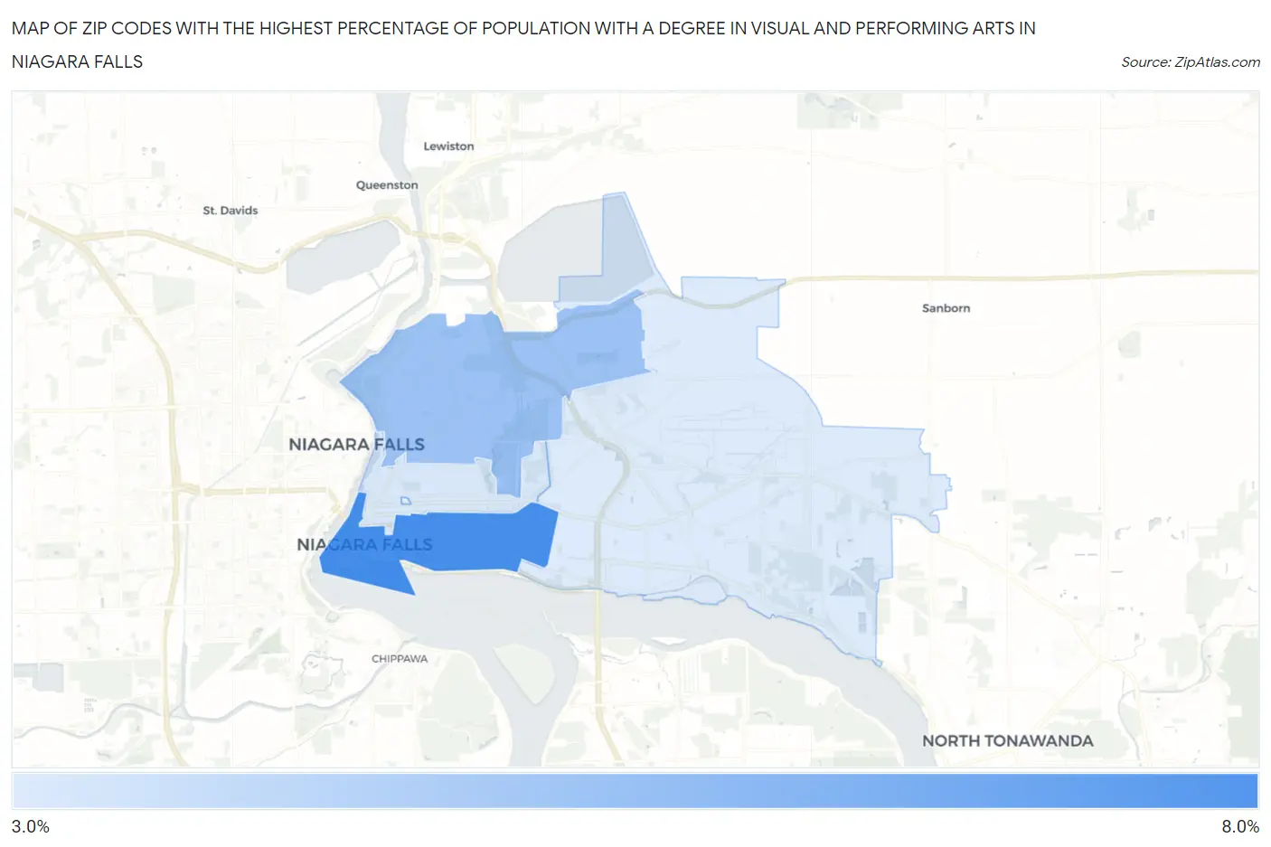 Zip Codes with the Highest Percentage of Population with a Degree in Visual and Performing Arts in Niagara Falls Map