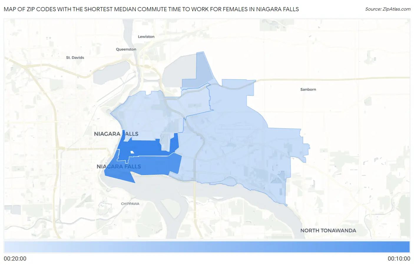 Zip Codes with the Shortest Median Commute Time to Work for Females in Niagara Falls Map