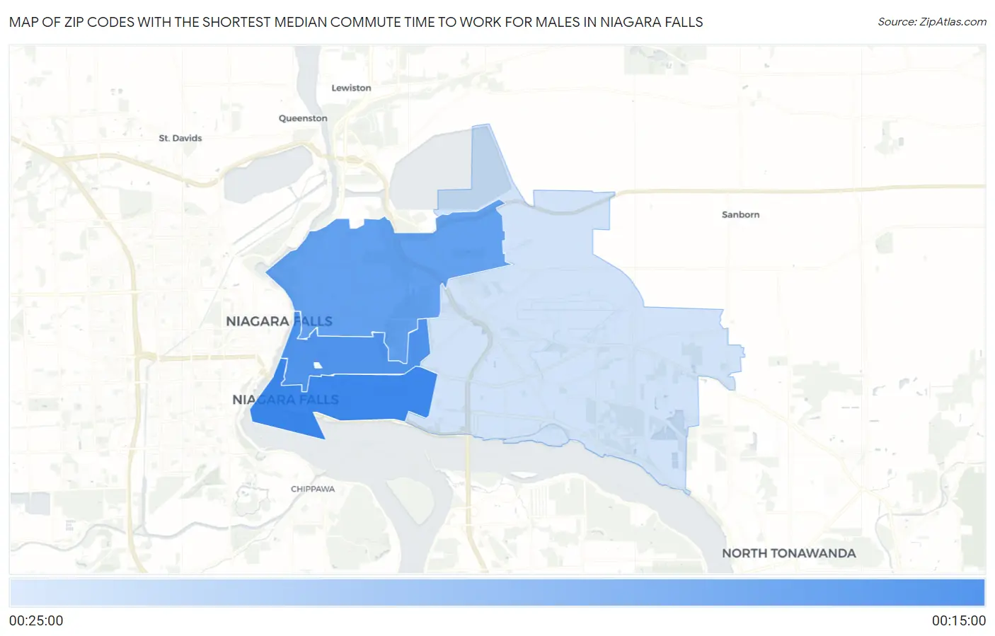 Zip Codes with the Shortest Median Commute Time to Work for Males in Niagara Falls Map
