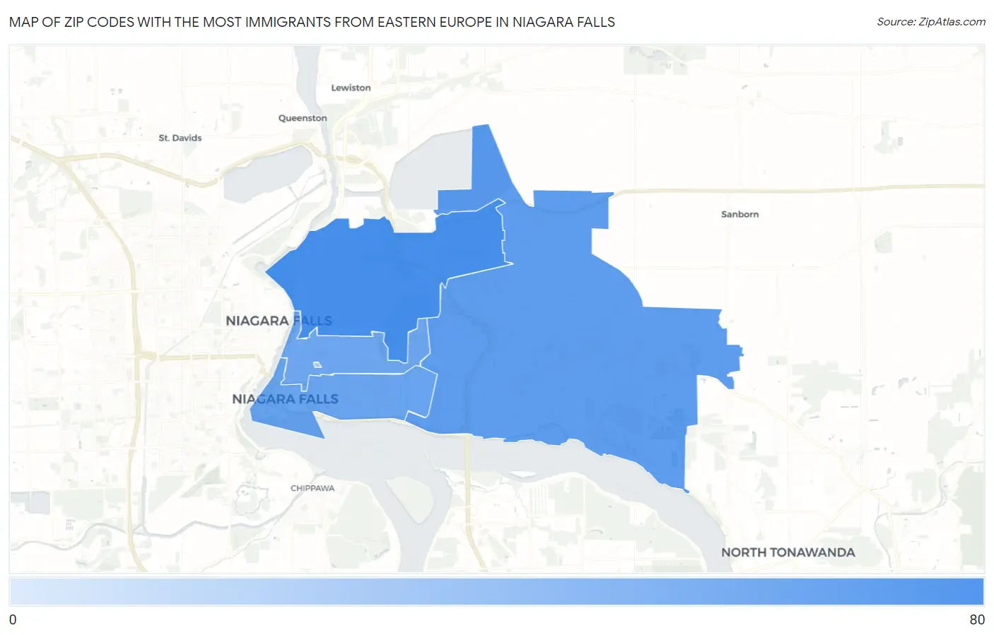 Zip Codes with the Most Immigrants from Eastern Europe in Niagara Falls Map