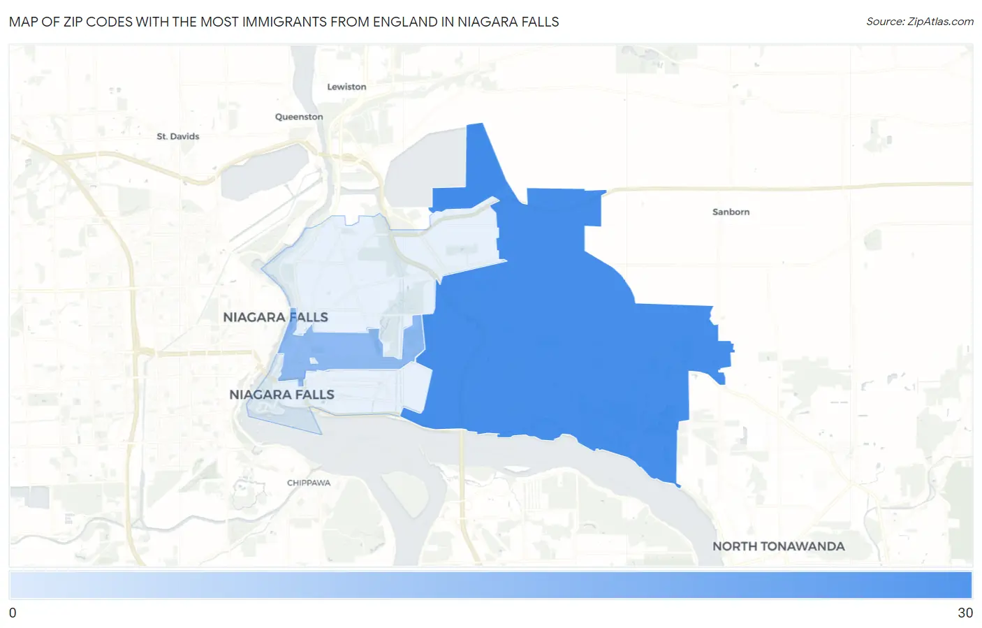 Zip Codes with the Most Immigrants from England in Niagara Falls Map