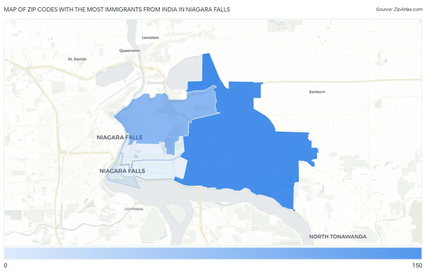 Zip Codes with the Most Immigrants from India in Niagara Falls Map
