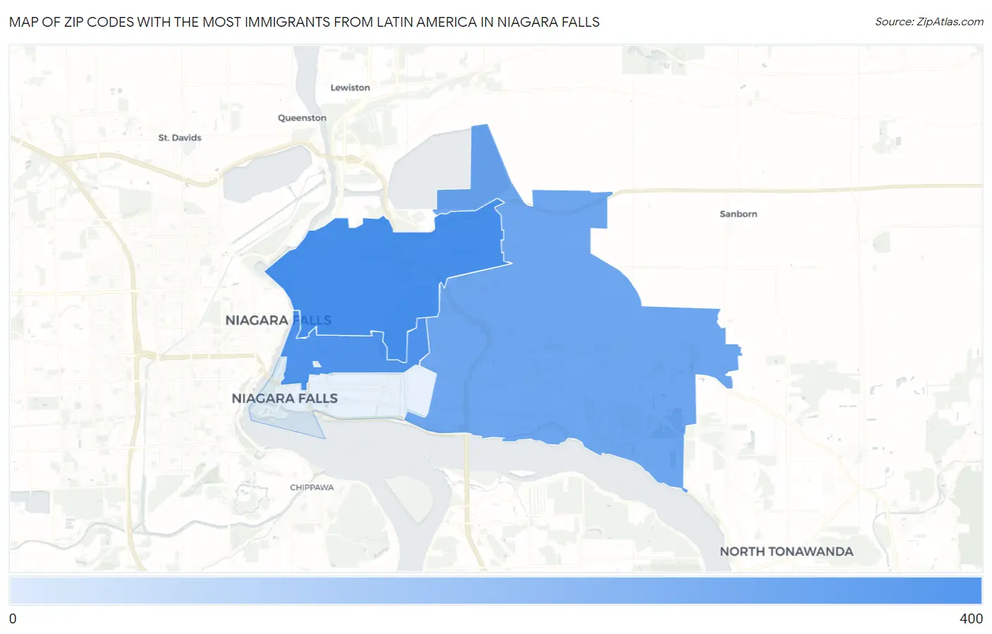 Zip Codes with the Most Immigrants from Latin America in Niagara Falls Map