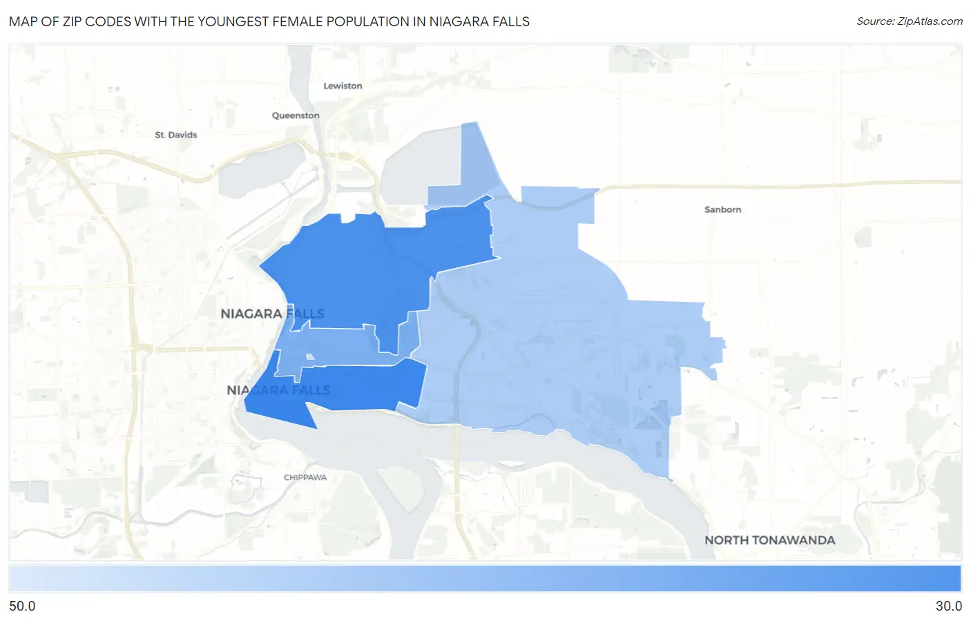 Zip Codes with the Youngest Female Population in Niagara Falls Map