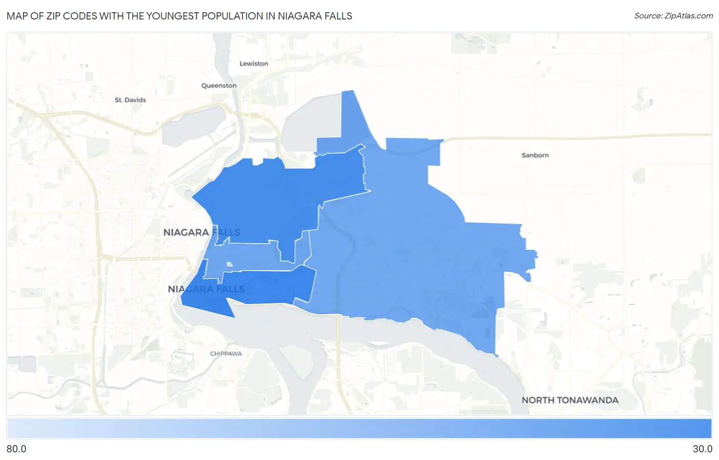 Zip Codes with the Youngest Population in Niagara Falls Map