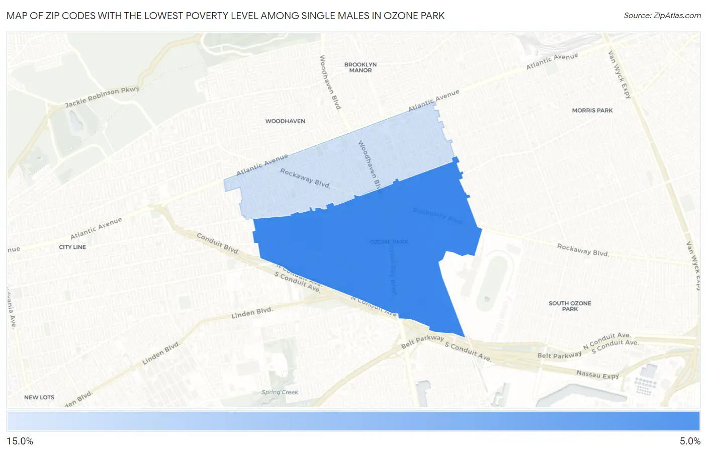 Zip Codes with the Lowest Poverty Level Among Single Males in Ozone Park Map