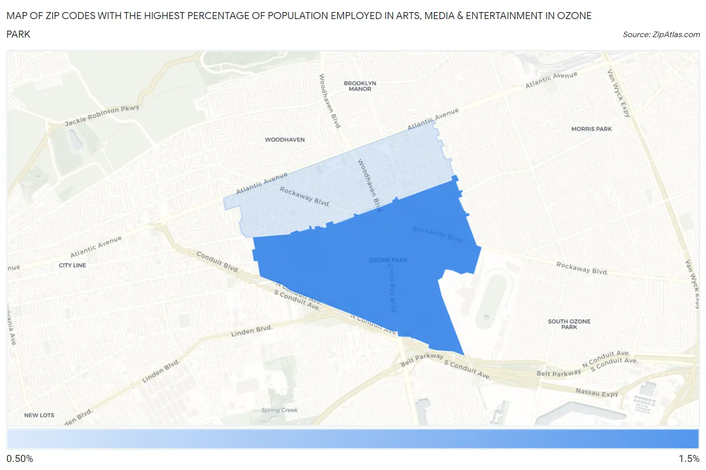 Zip Codes with the Highest Percentage of Population Employed in Arts, Media & Entertainment in Ozone Park Map