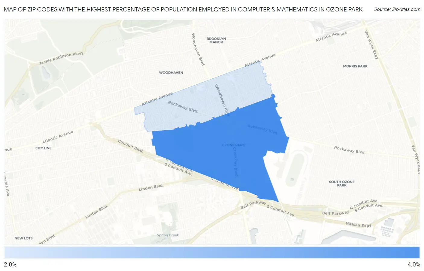 Zip Codes with the Highest Percentage of Population Employed in Computer & Mathematics in Ozone Park Map