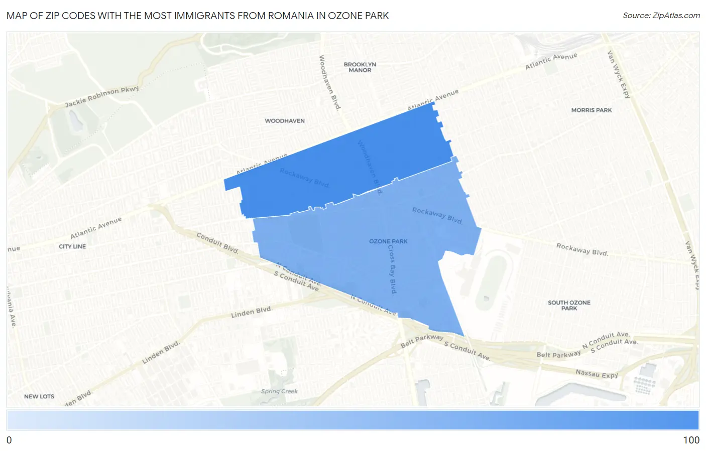 Zip Codes with the Most Immigrants from Romania in Ozone Park Map