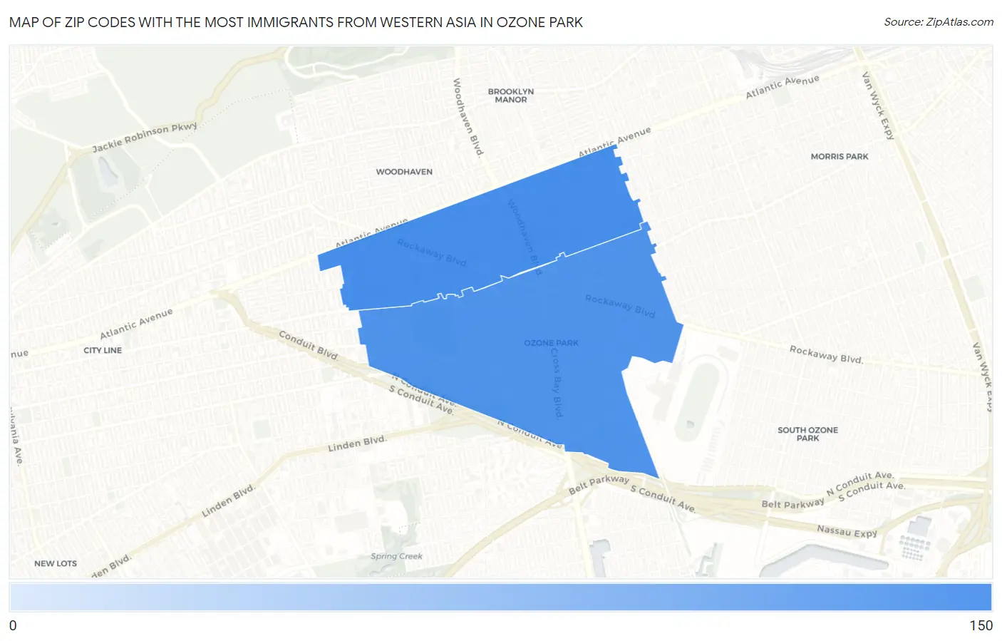 Zip Codes with the Most Immigrants from Western Asia in Ozone Park Map