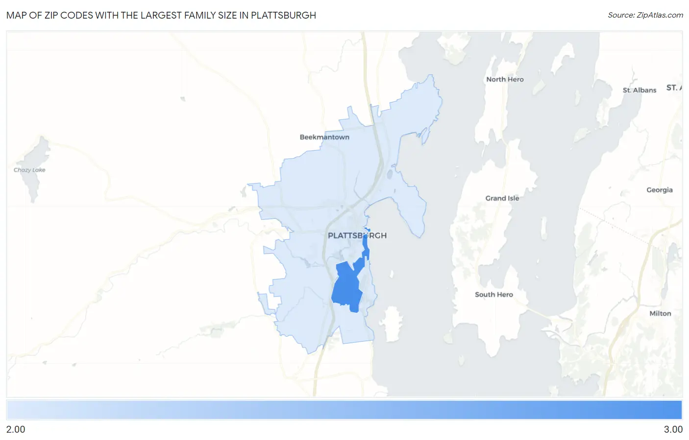 Zip Codes with the Largest Family Size in Plattsburgh Map