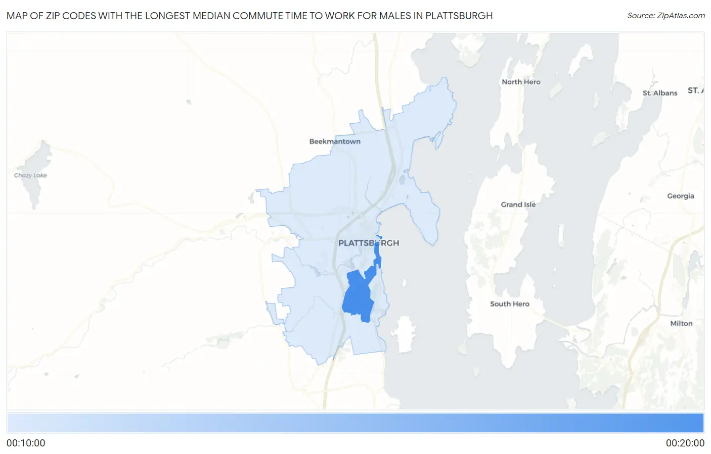 Zip Codes with the Longest Median Commute Time to Work for Males in Plattsburgh Map