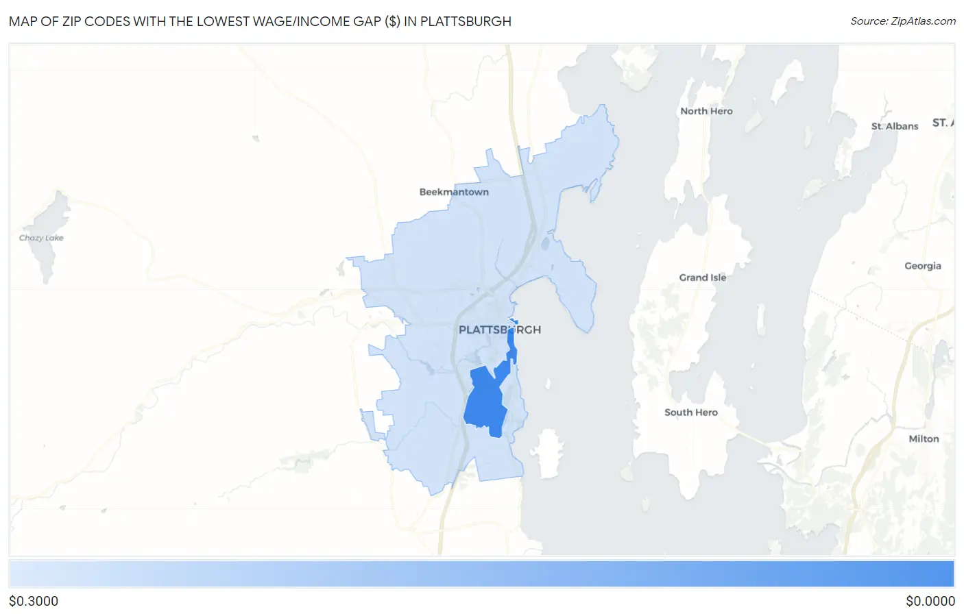 Zip Codes with the Lowest Wage/Income Gap ($) in Plattsburgh Map