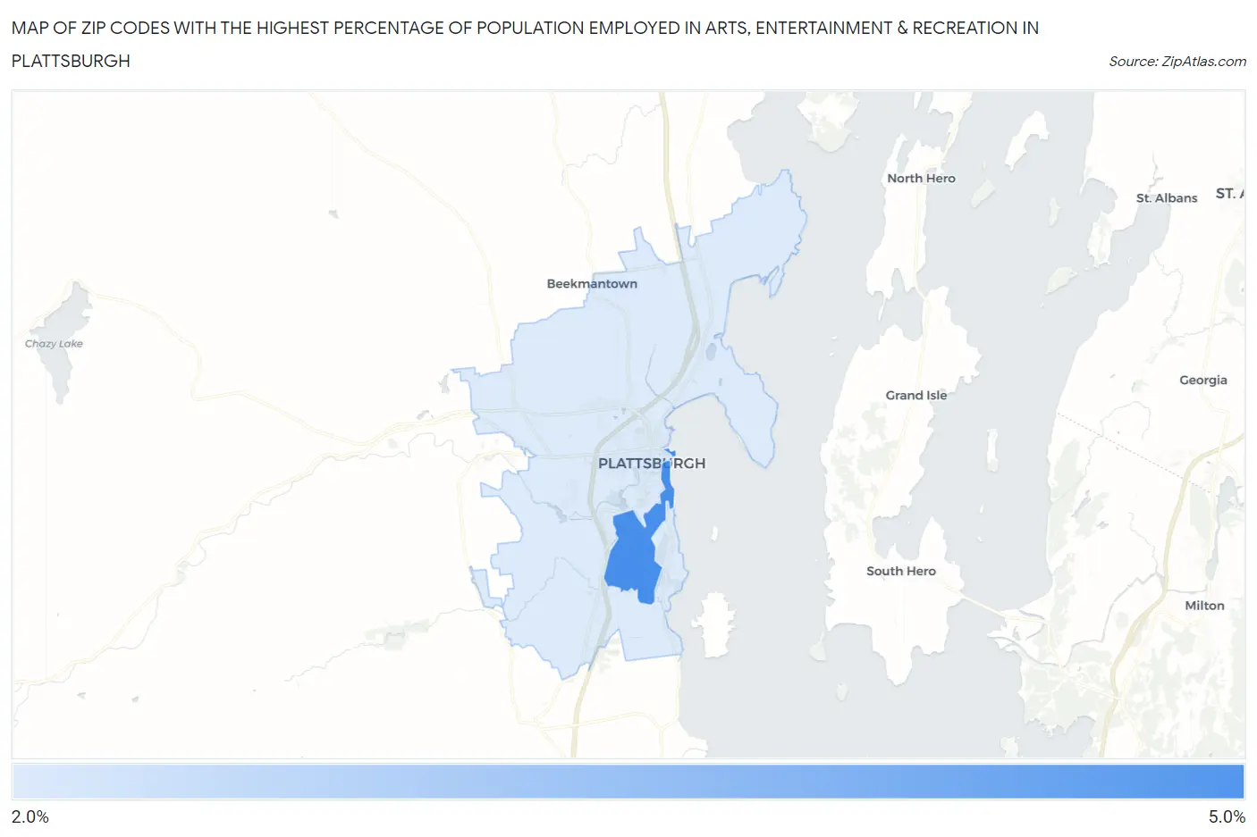 Zip Codes with the Highest Percentage of Population Employed in Arts, Entertainment & Recreation in Plattsburgh Map