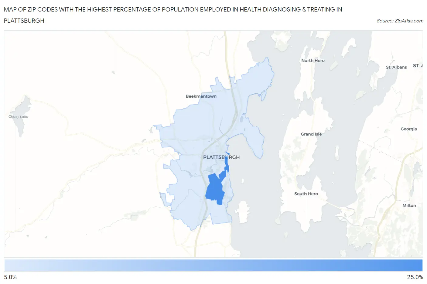 Zip Codes with the Highest Percentage of Population Employed in Health Diagnosing & Treating in Plattsburgh Map