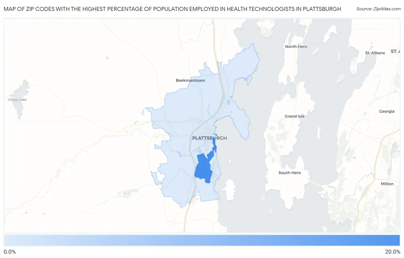 Zip Codes with the Highest Percentage of Population Employed in Health Technologists in Plattsburgh Map