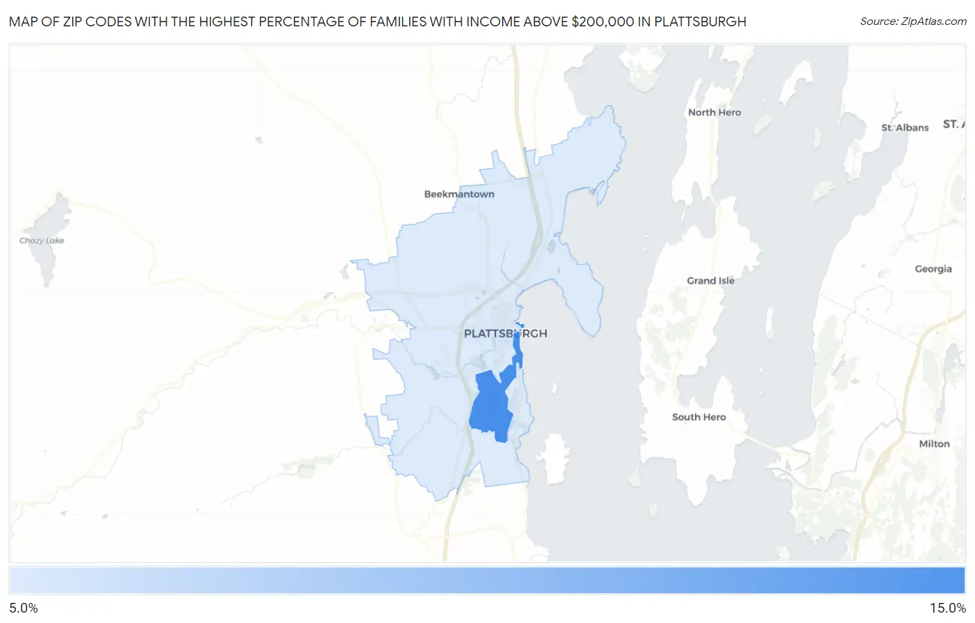 Zip Codes with the Highest Percentage of Families with Income Above $200,000 in Plattsburgh Map