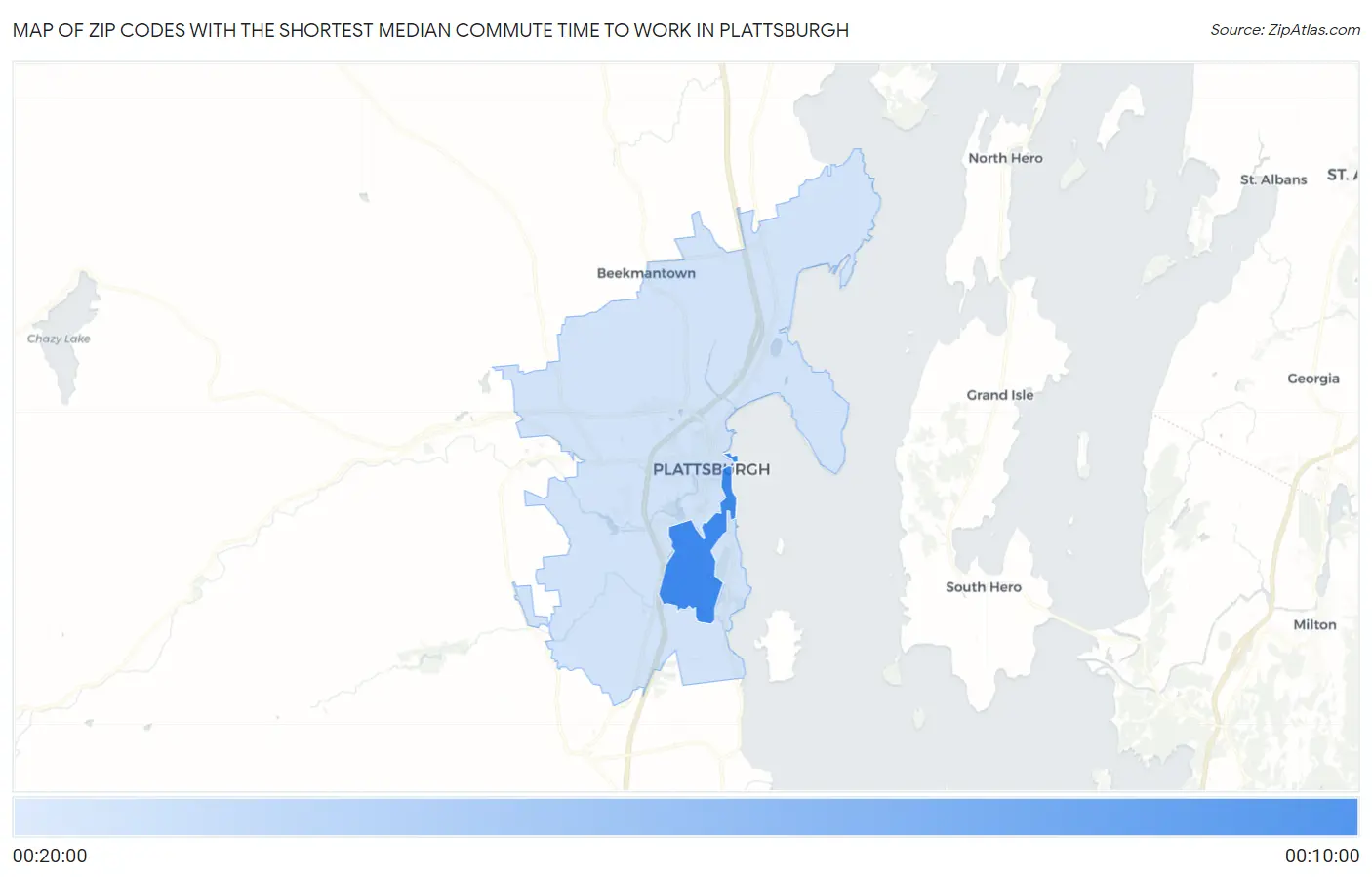 Zip Codes with the Shortest Median Commute Time to Work in Plattsburgh Map
