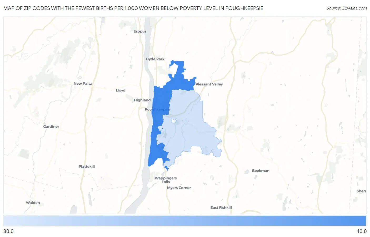 Zip Codes with the Fewest Births per 1,000 Women Below Poverty Level in Poughkeepsie Map