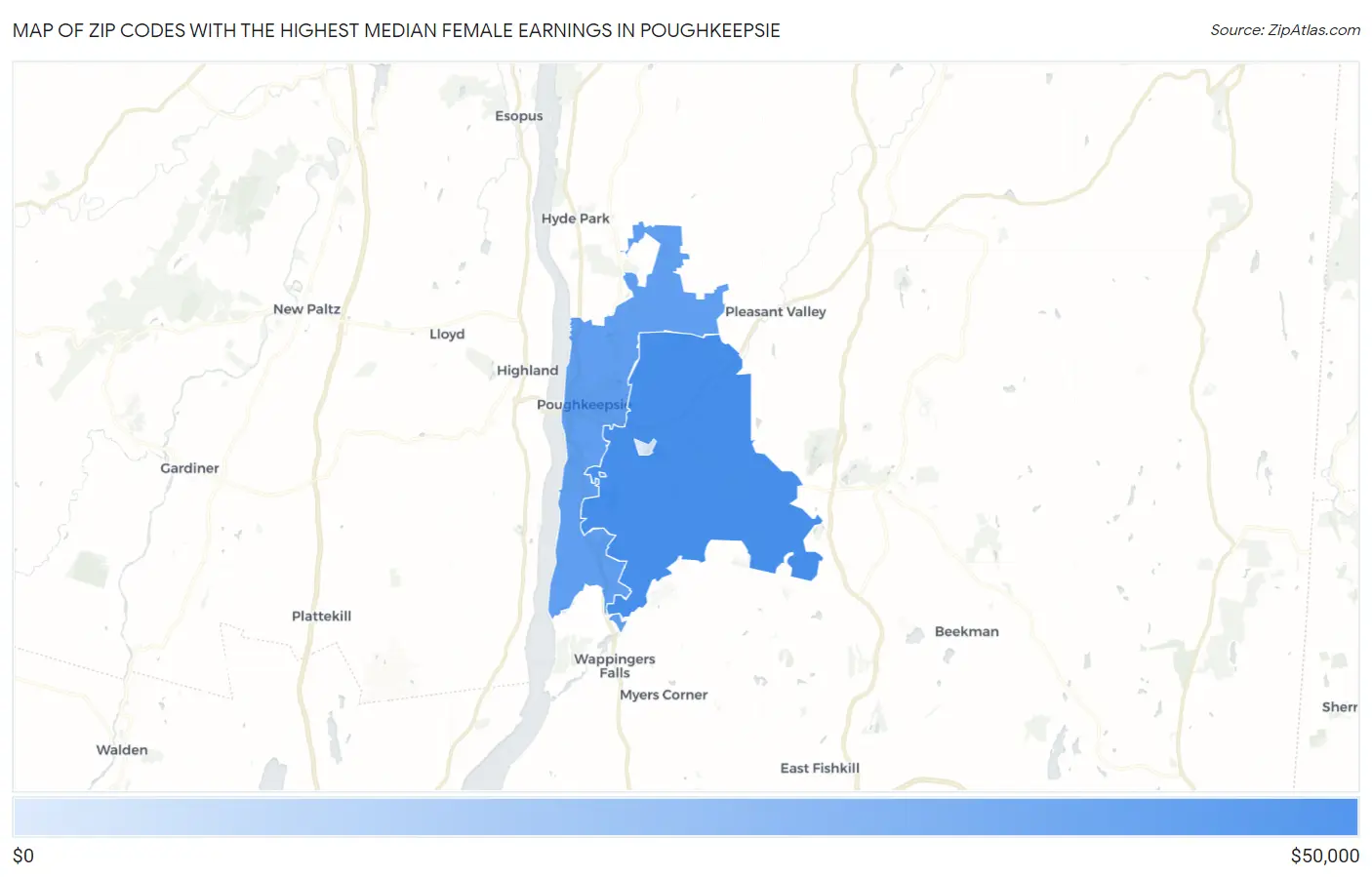 Zip Codes with the Highest Median Female Earnings in Poughkeepsie Map