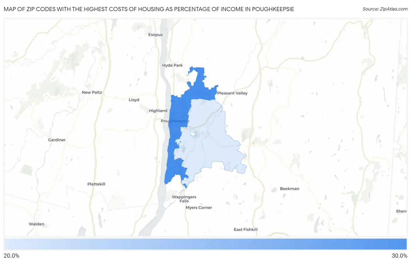 Zip Codes with the Highest Costs of Housing as Percentage of Income in Poughkeepsie Map