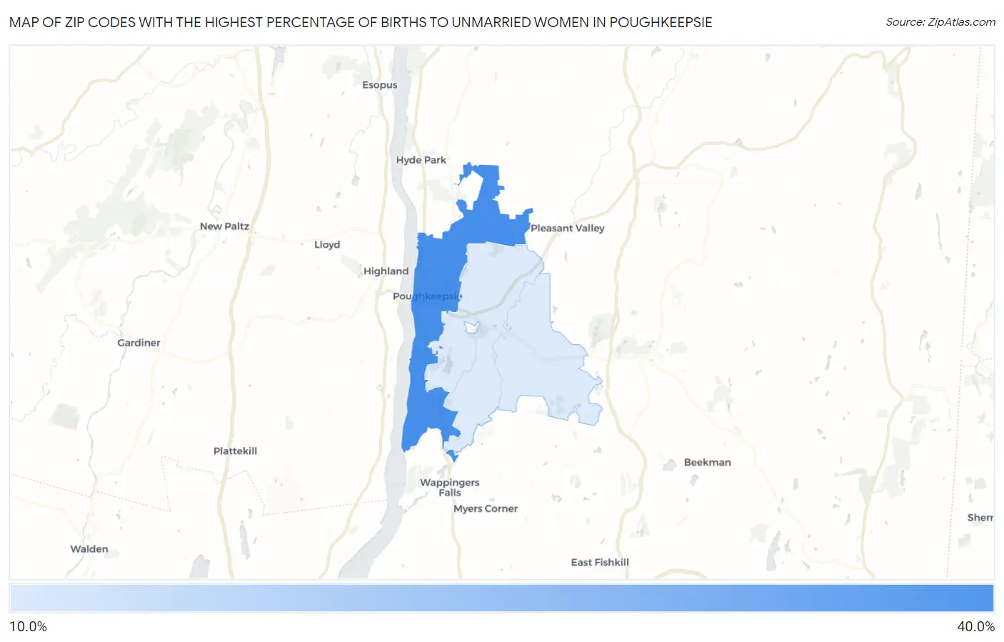 Zip Codes with the Highest Percentage of Births to Unmarried Women in Poughkeepsie Map