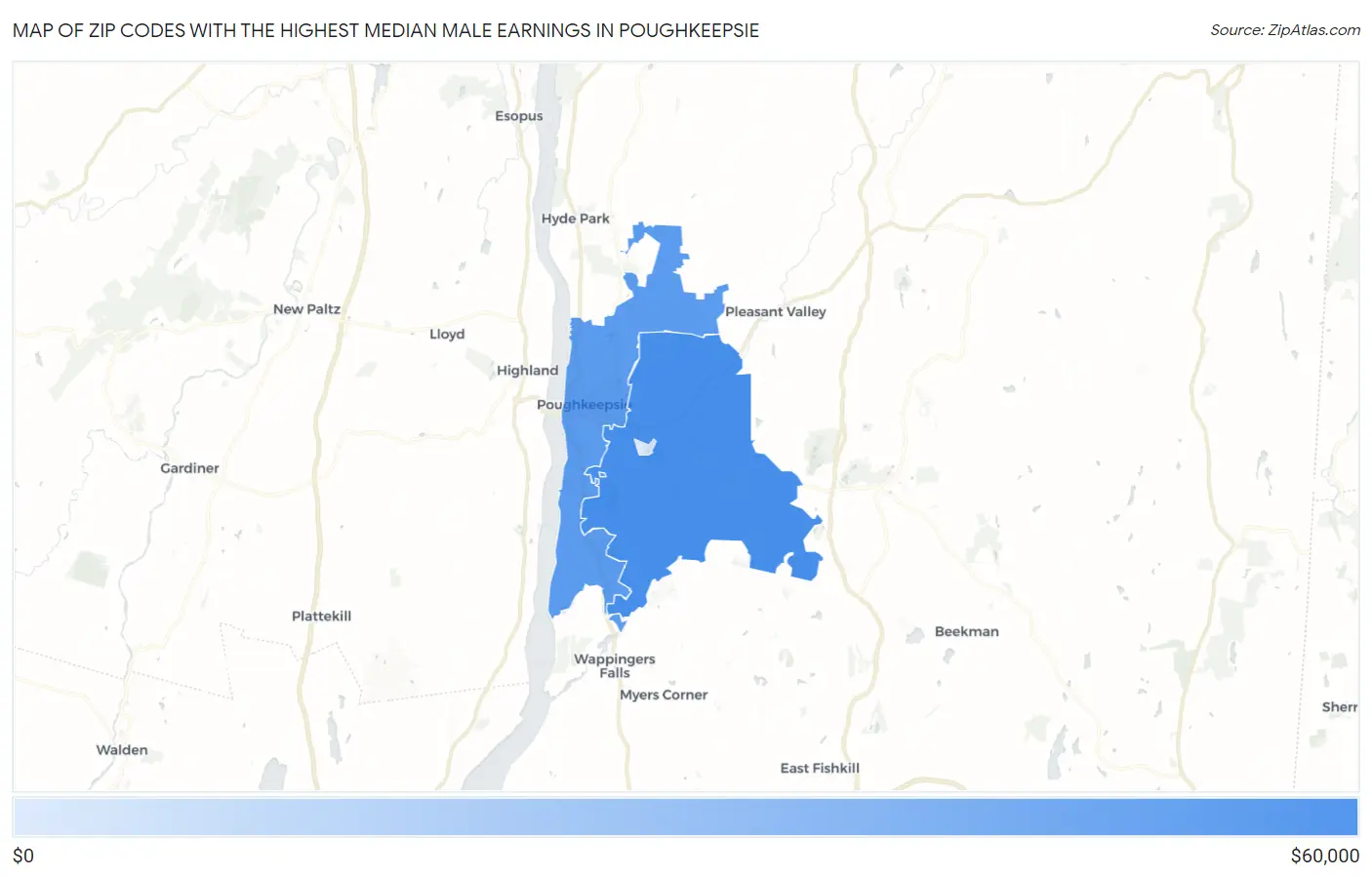 Zip Codes with the Highest Median Male Earnings in Poughkeepsie Map