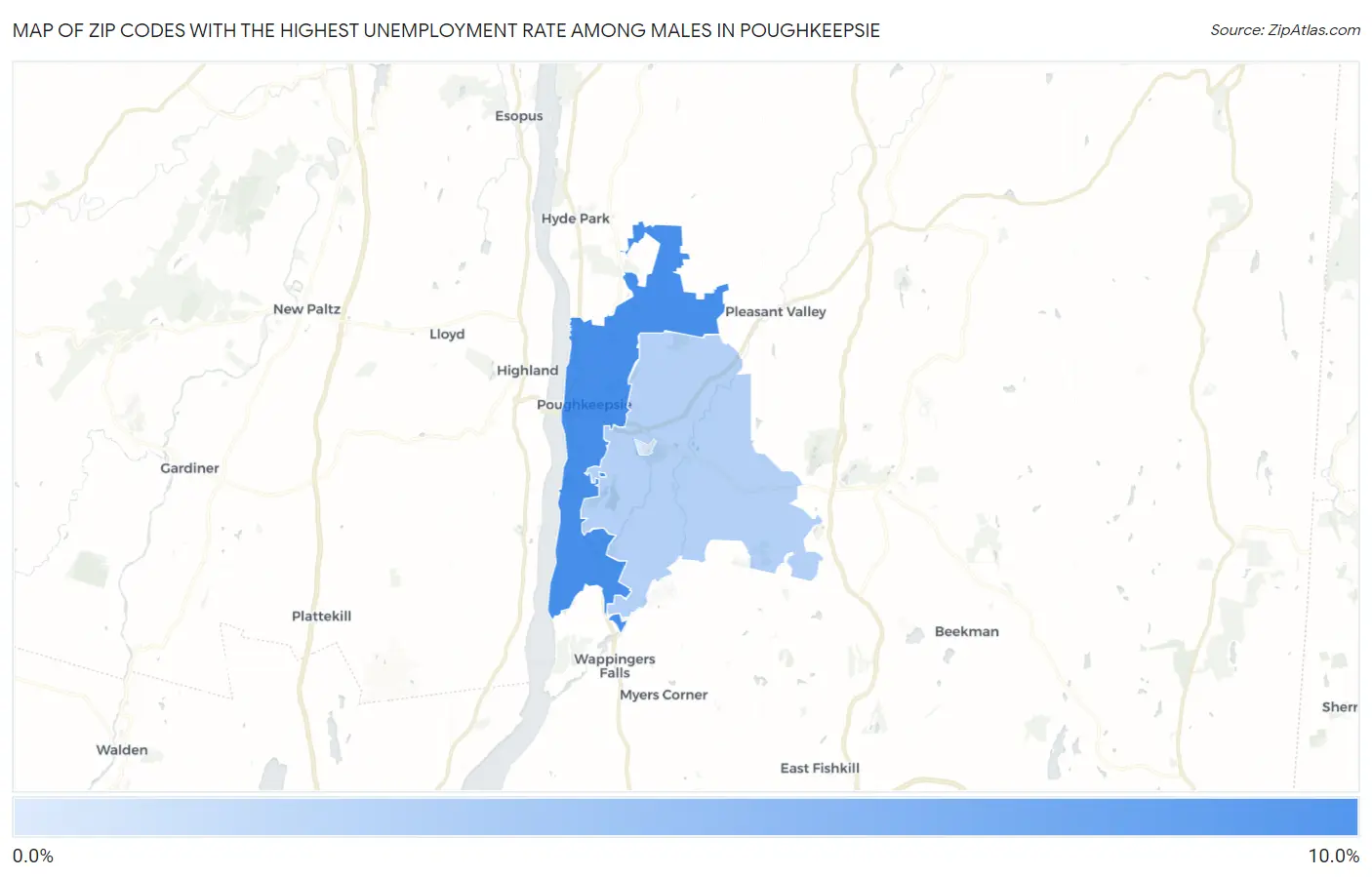 Zip Codes with the Highest Unemployment Rate Among Males in Poughkeepsie Map