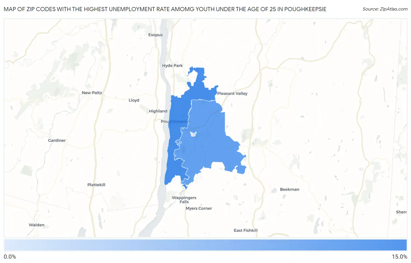 Zip Codes with the Highest Unemployment Rate Amomg Youth Under the Age of 25 in Poughkeepsie Map