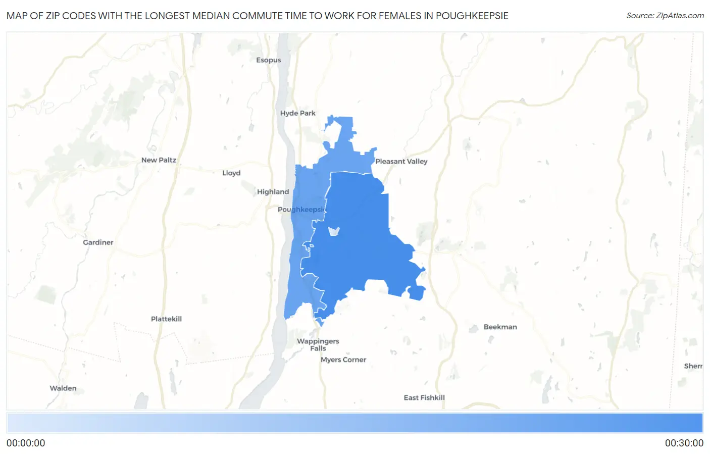 Zip Codes with the Longest Median Commute Time to Work for Females in Poughkeepsie Map