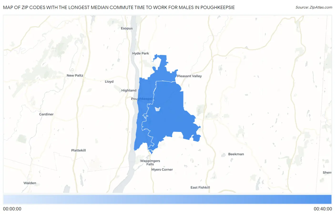 Zip Codes with the Longest Median Commute Time to Work for Males in Poughkeepsie Map