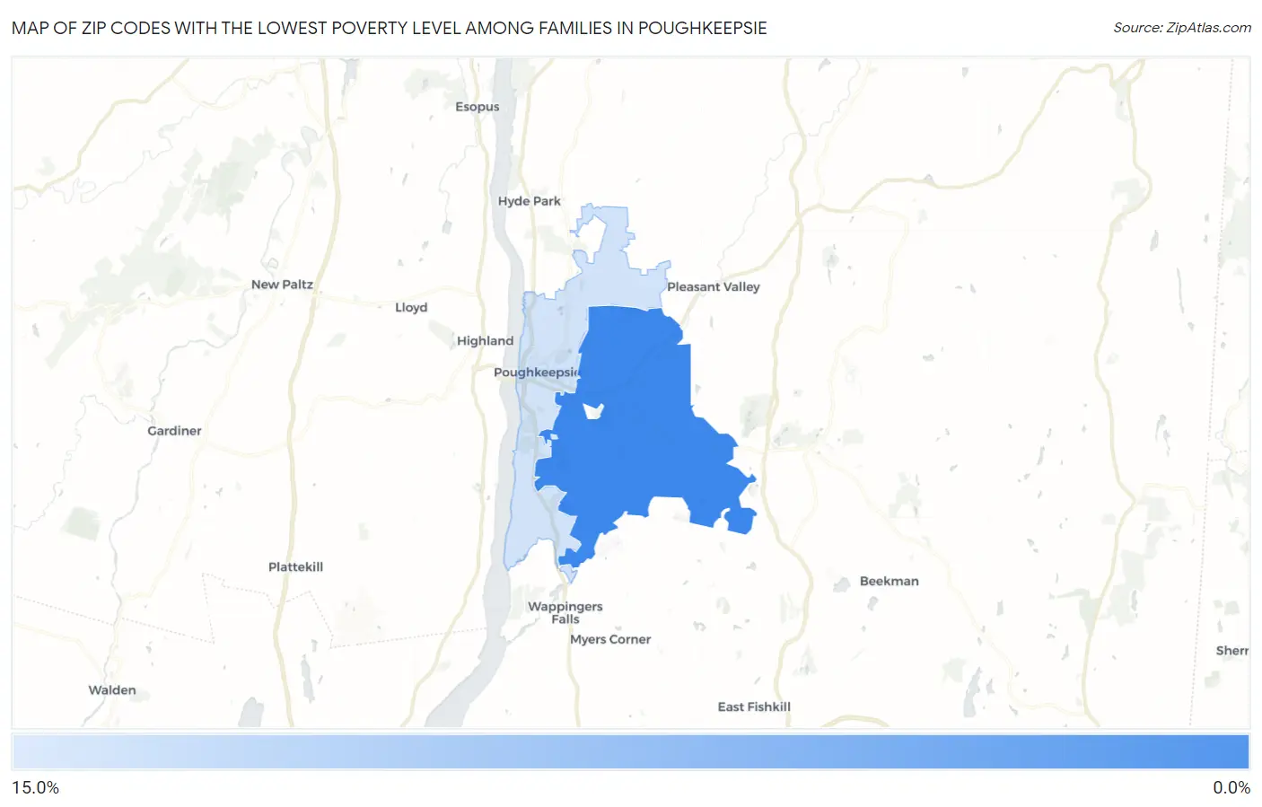 Zip Codes with the Lowest Poverty Level Among Families in Poughkeepsie Map