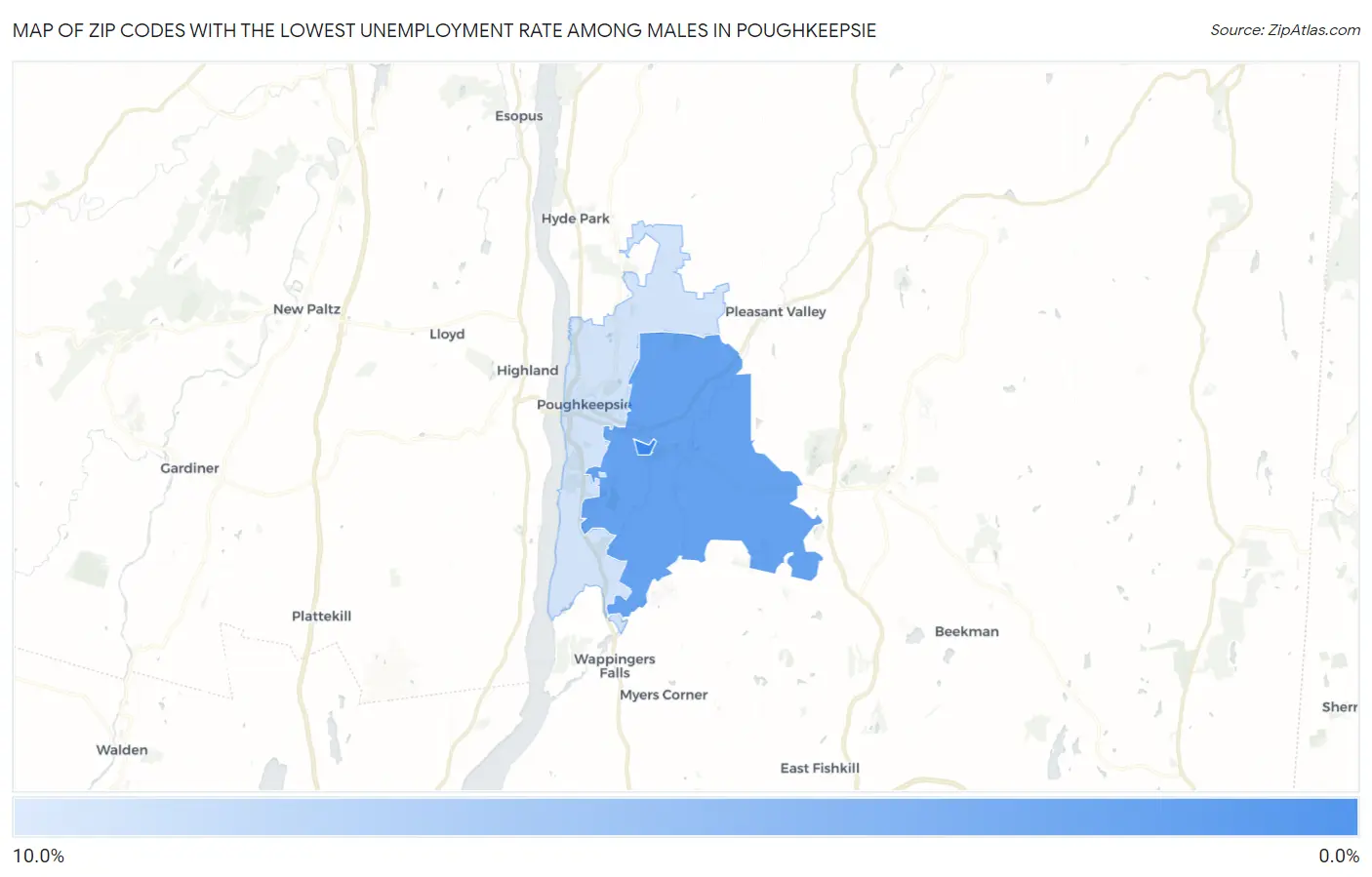 Zip Codes with the Lowest Unemployment Rate Among Males in Poughkeepsie Map