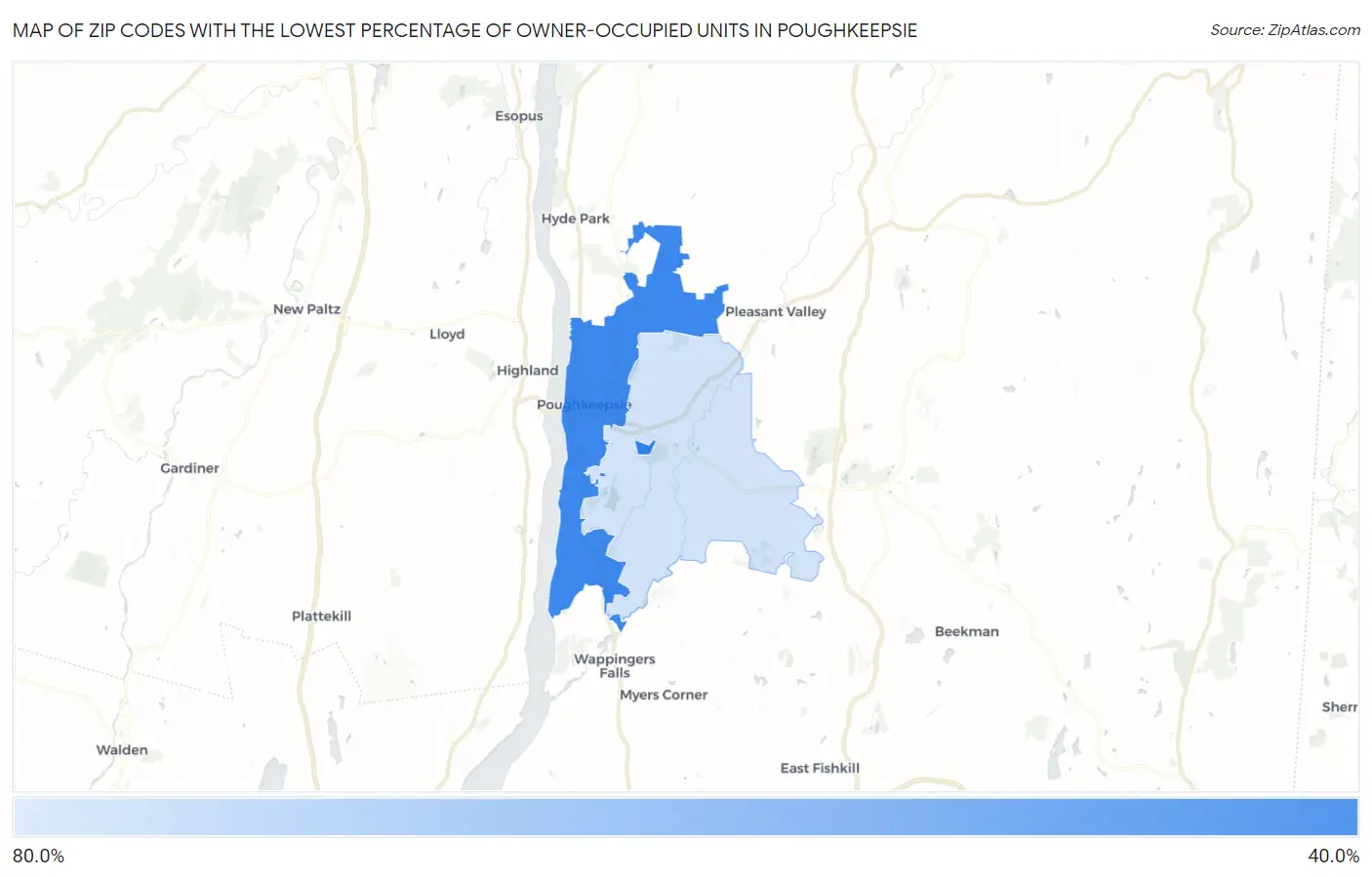Zip Codes with the Lowest Percentage of Owner-Occupied Units in Poughkeepsie Map