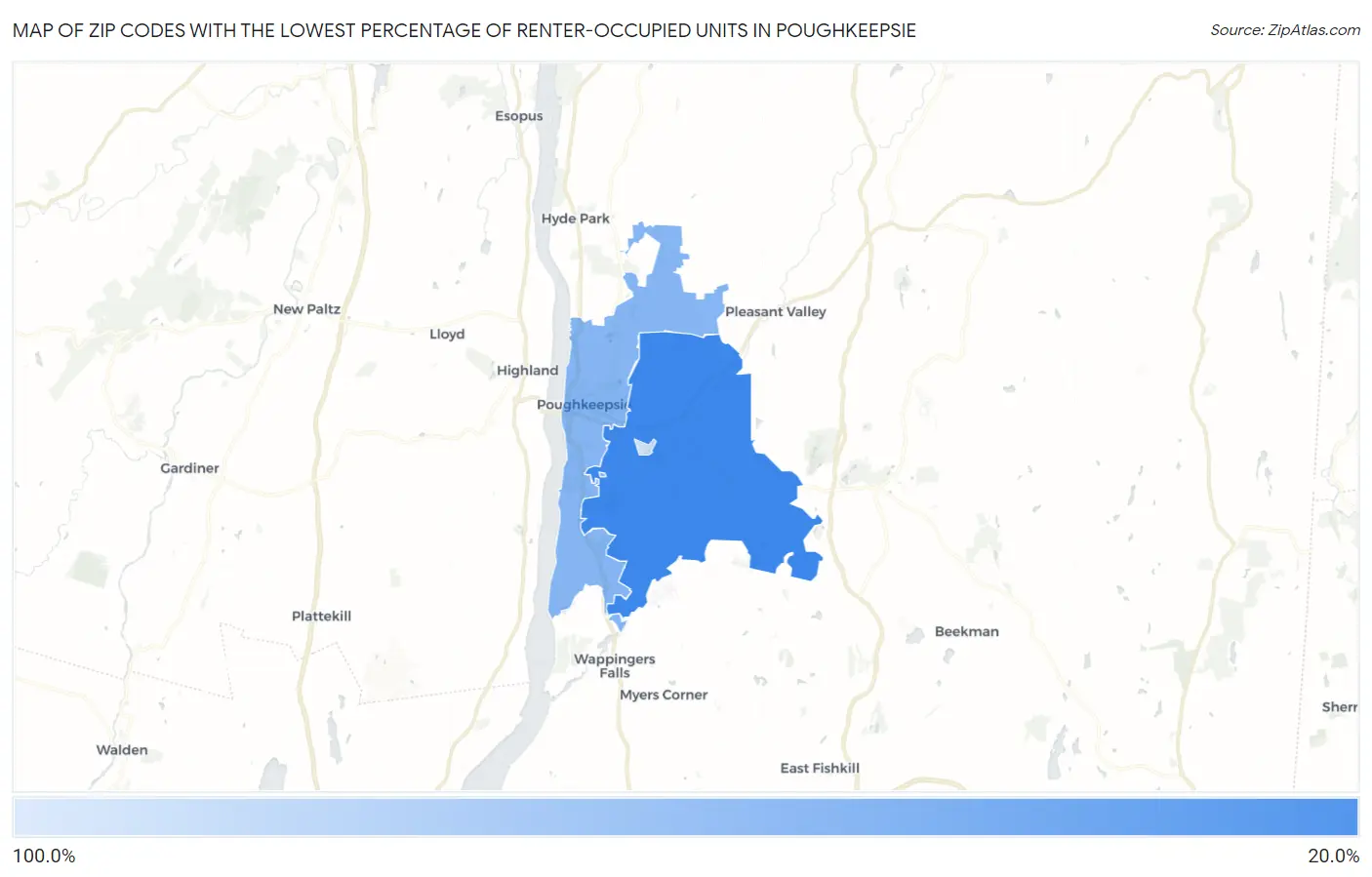 Zip Codes with the Lowest Percentage of Renter-Occupied Units in Poughkeepsie Map