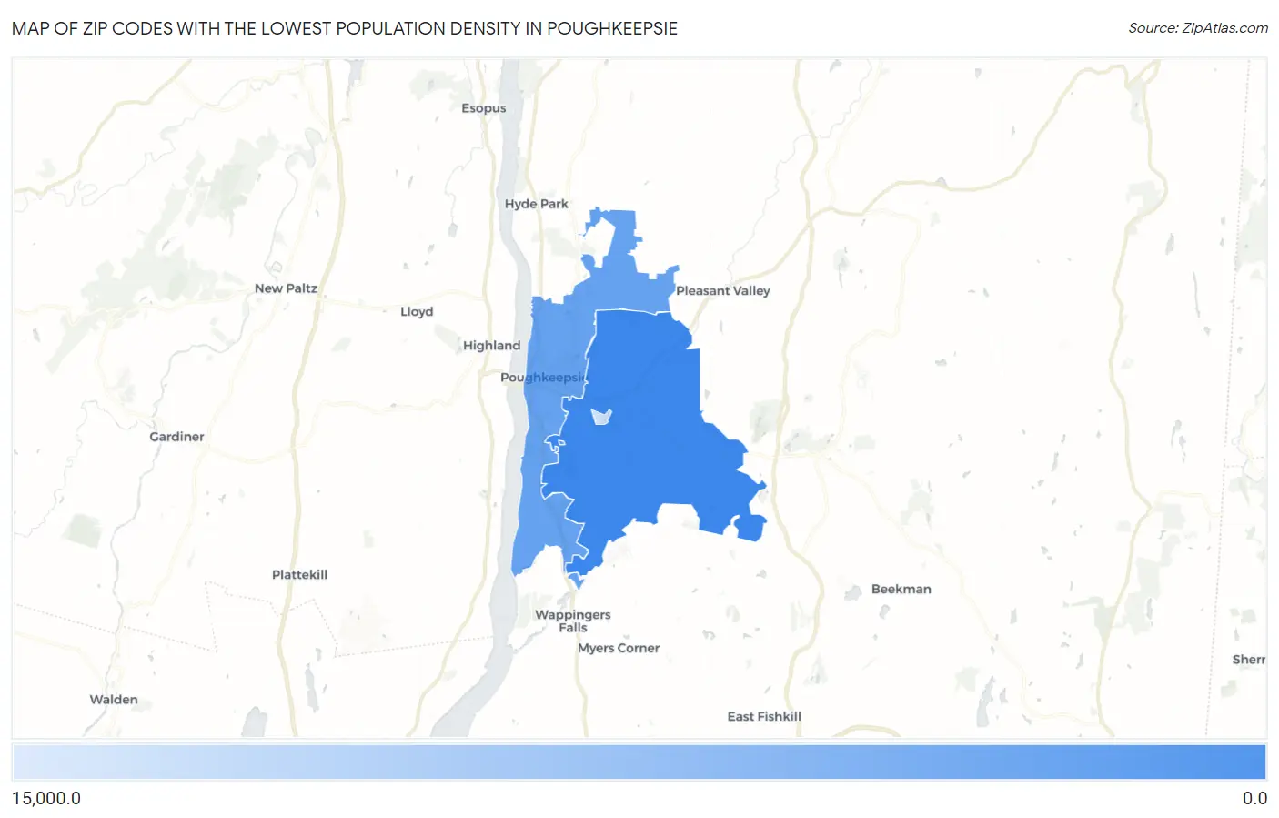 Zip Codes with the Lowest Population Density in Poughkeepsie Map