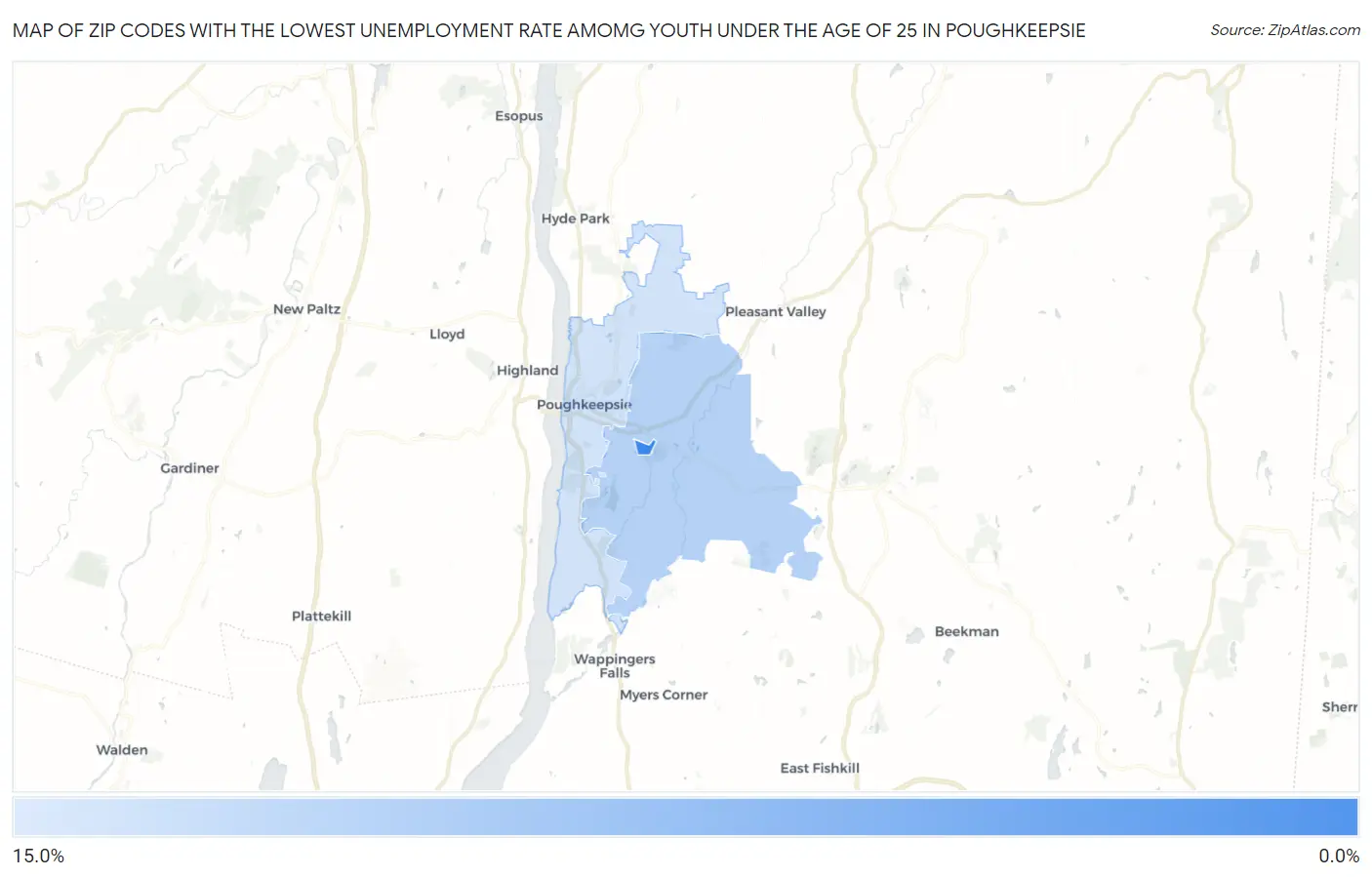 Zip Codes with the Lowest Unemployment Rate Amomg Youth Under the Age of 25 in Poughkeepsie Map