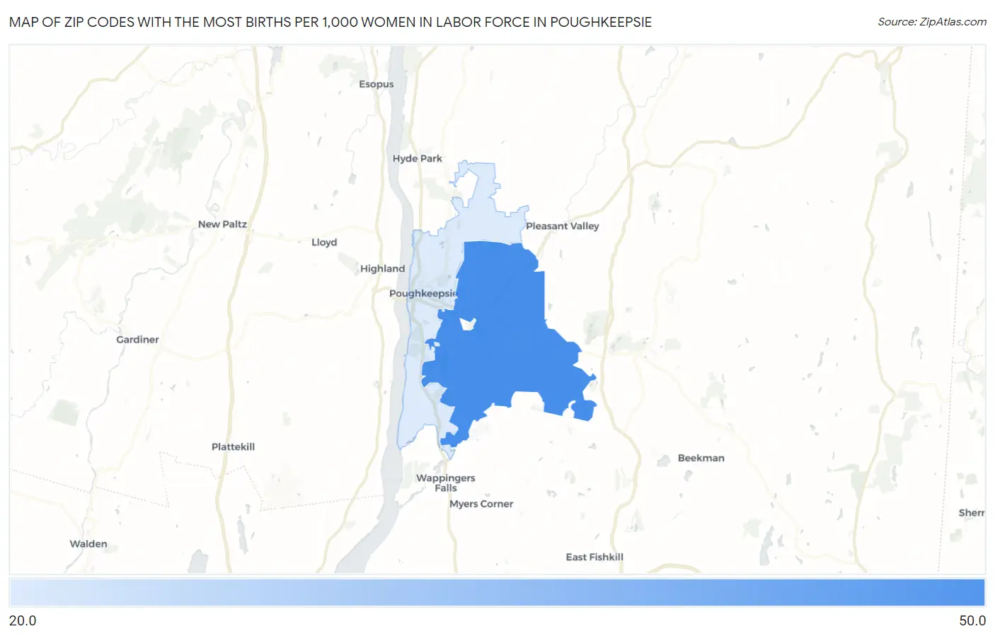 Zip Codes with the Most Births per 1,000 Women in Labor Force in Poughkeepsie Map