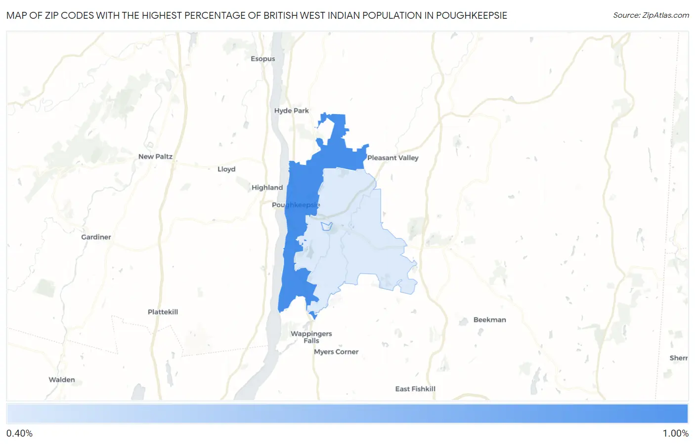 Zip Codes with the Highest Percentage of British West Indian Population in Poughkeepsie Map