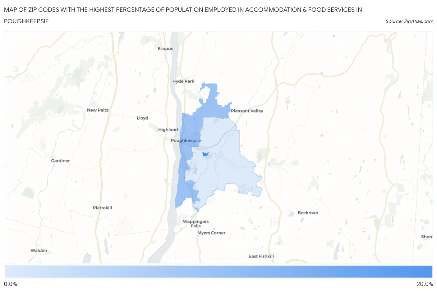 Zip Codes with the Highest Percentage of Population Employed in Accommodation & Food Services in Poughkeepsie Map
