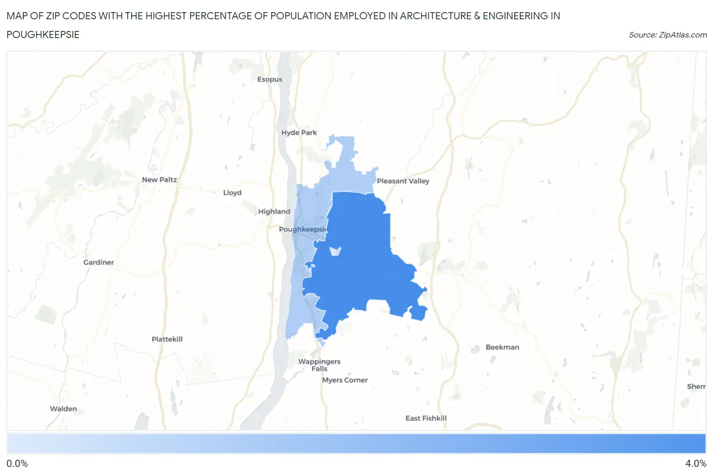 Zip Codes with the Highest Percentage of Population Employed in Architecture & Engineering in Poughkeepsie Map