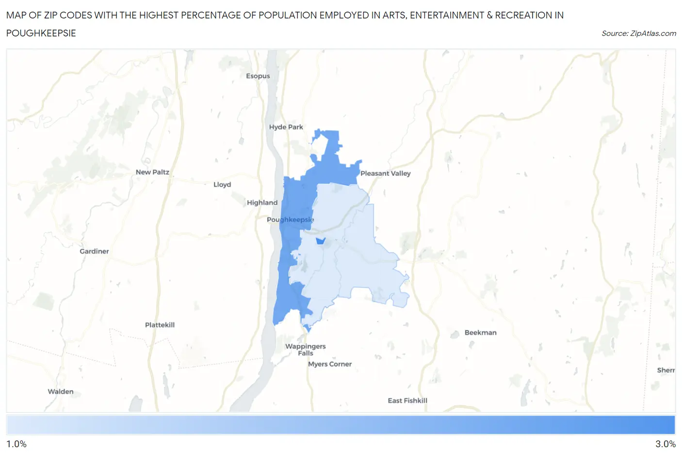 Zip Codes with the Highest Percentage of Population Employed in Arts, Entertainment & Recreation in Poughkeepsie Map