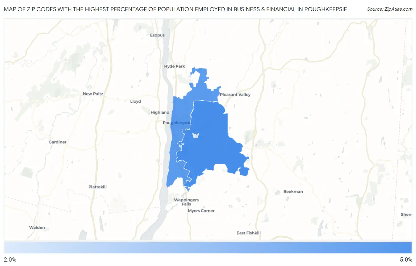 Zip Codes with the Highest Percentage of Population Employed in Business & Financial in Poughkeepsie Map