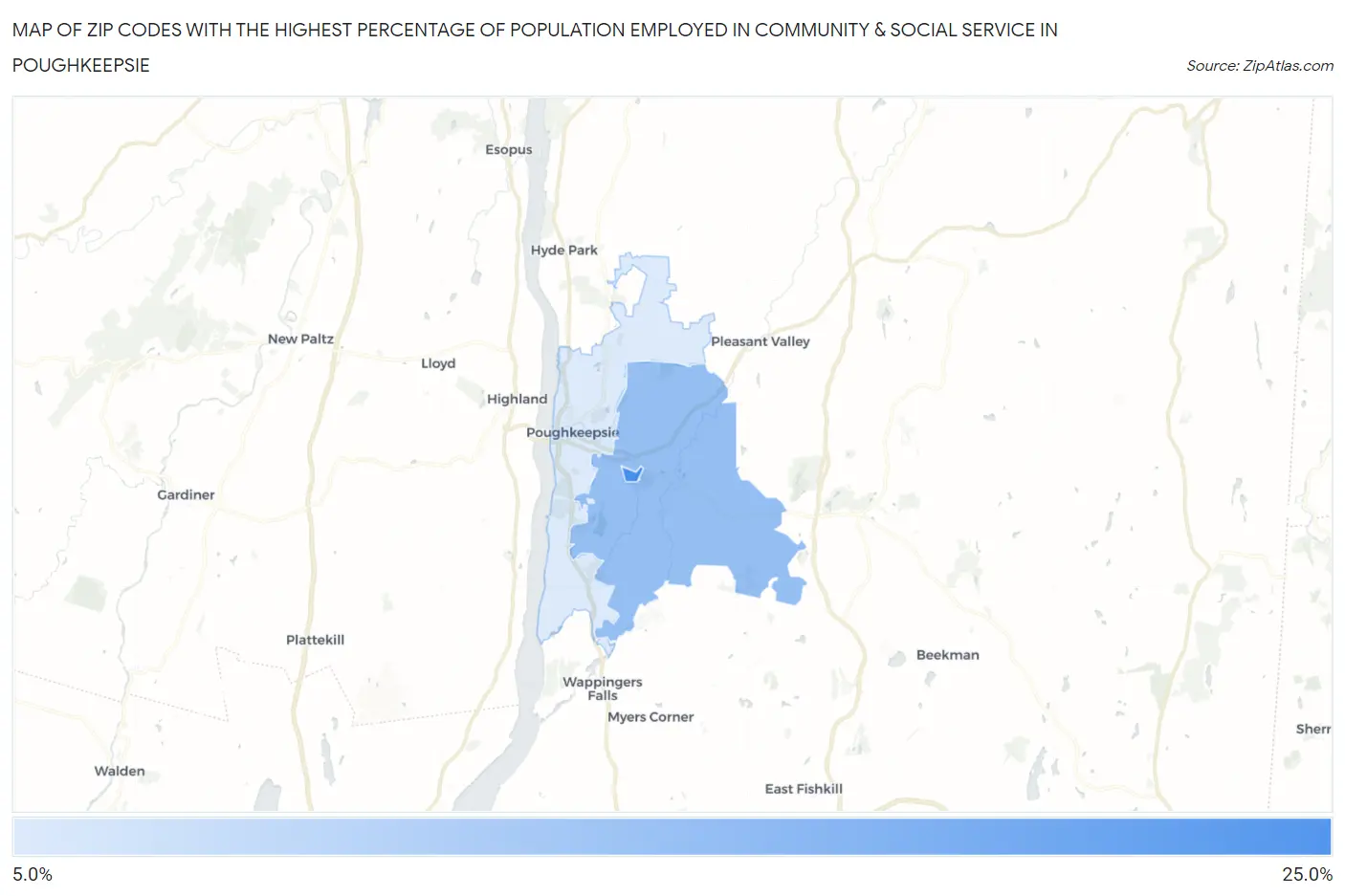 Zip Codes with the Highest Percentage of Population Employed in Community & Social Service  in Poughkeepsie Map