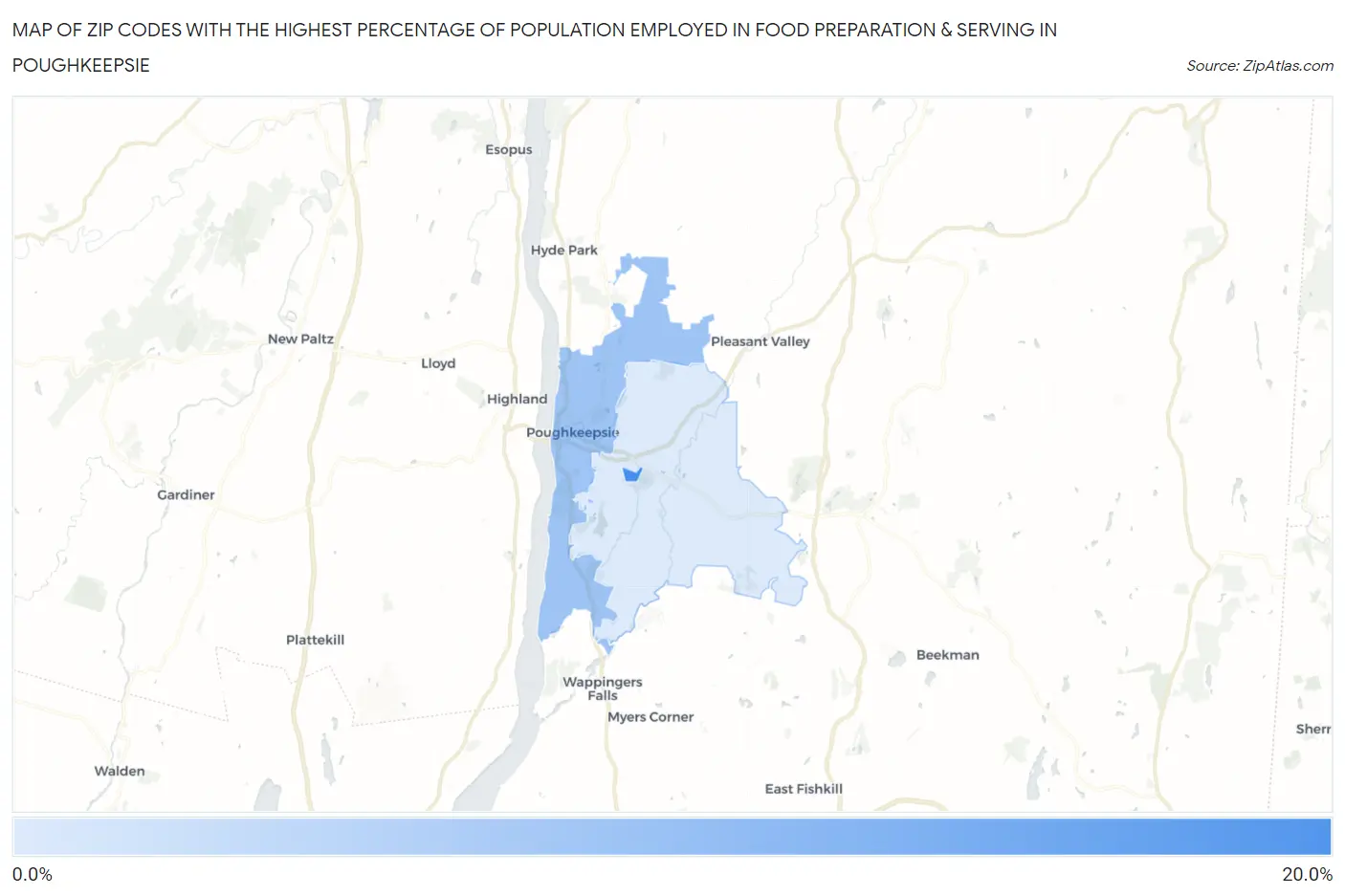 Zip Codes with the Highest Percentage of Population Employed in Food Preparation & Serving in Poughkeepsie Map